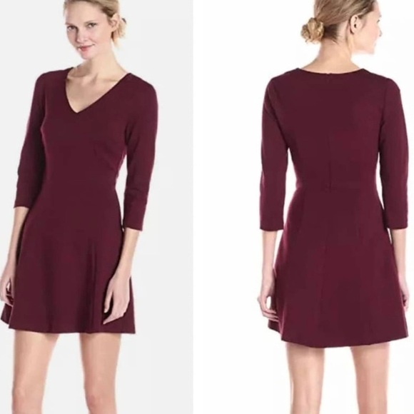 Trina Turk Burgundy V-Neck Ponte 3/4 Sleeve Fit & Flare Dress Size 6 - Picture 1 of 11